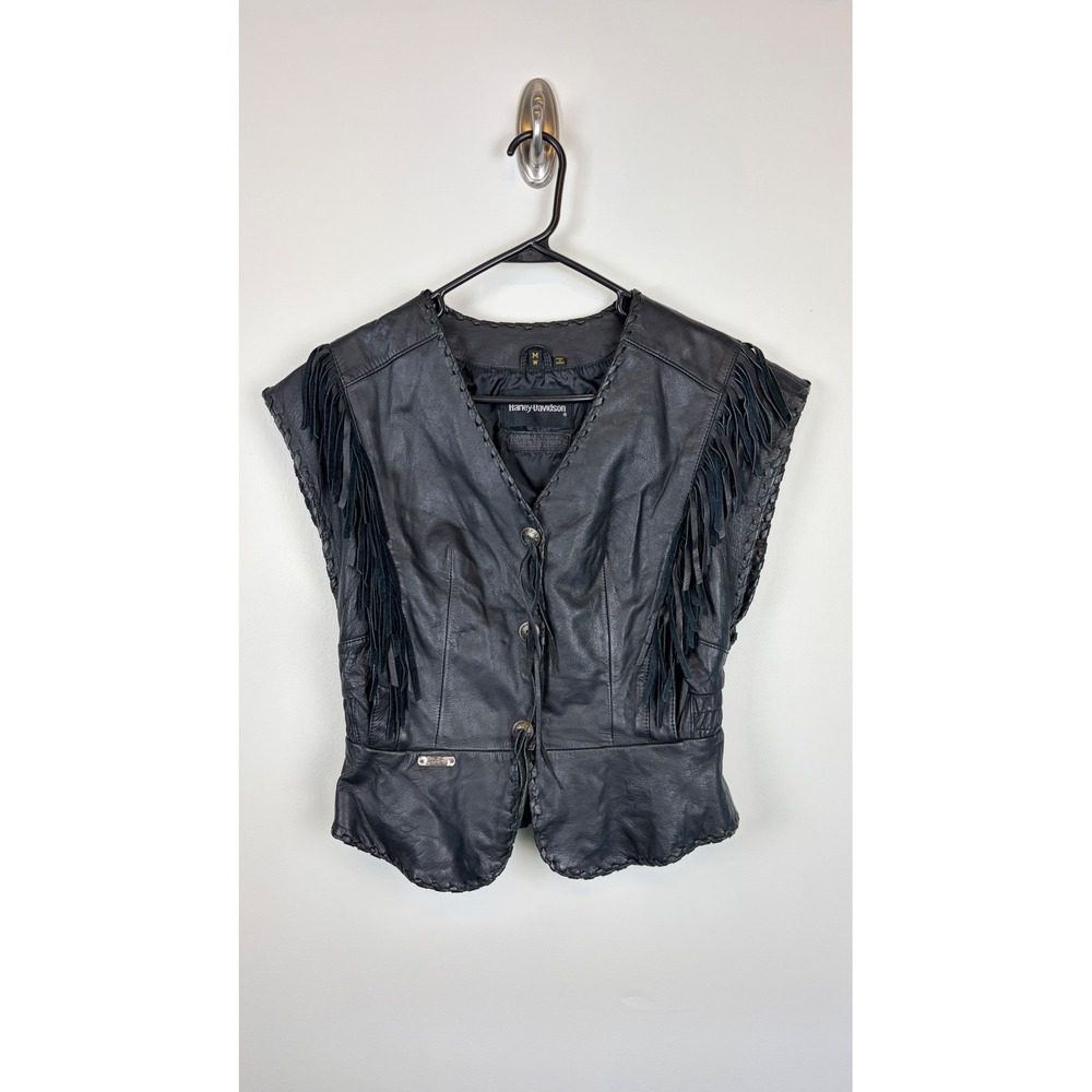 Harley Davidson Leather Fringe Vest Medium Black Biker Western American Cowhide